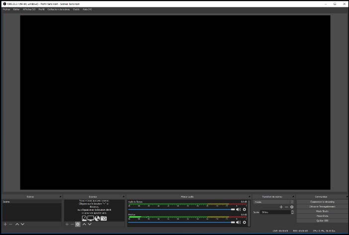 Capture d'écran de l'espace de travail vide de OBS