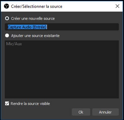 Capture d'écran de la fenetre de sélection de source de OBS