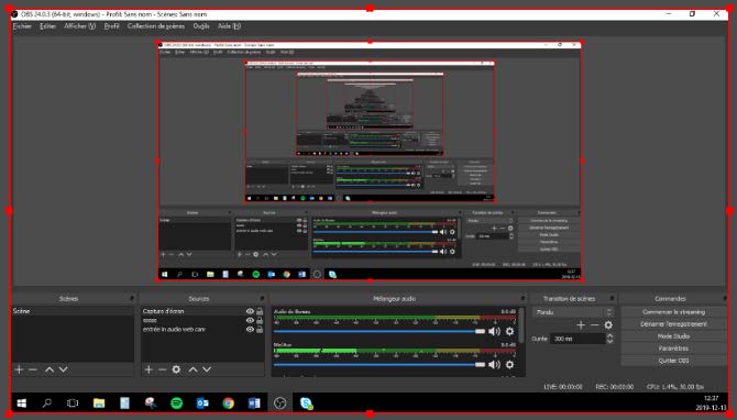 Capture d'écran de l'espace de travail d'OBS avec mise en abime.