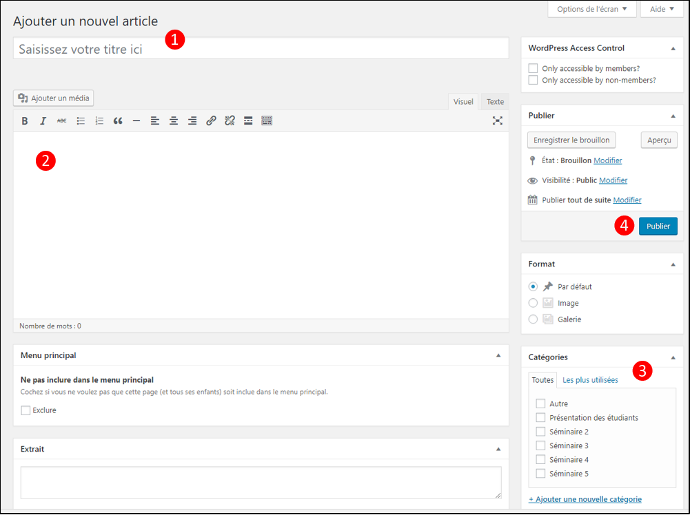 Capture d'écran d'un nouvel article de blogue Wordpress avec indicatifs numériques