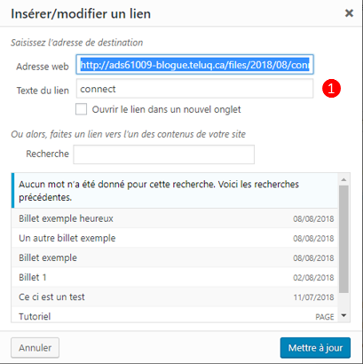 Aperçu fenetre ajout/modification de lien avec indicatif numérique