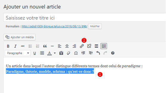 Aperçu ajout de lien avec indicatif numérique